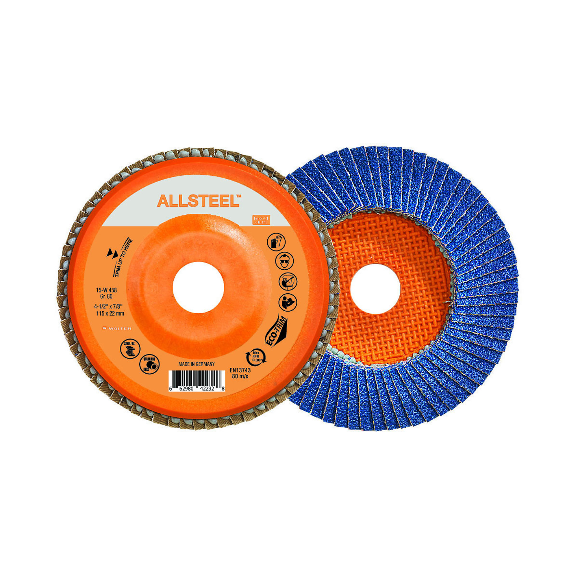 Walter Allsteel Flap Discs — 4 1/2in. x 7/8in., GR80, 10 Pcs, Model# 15W458